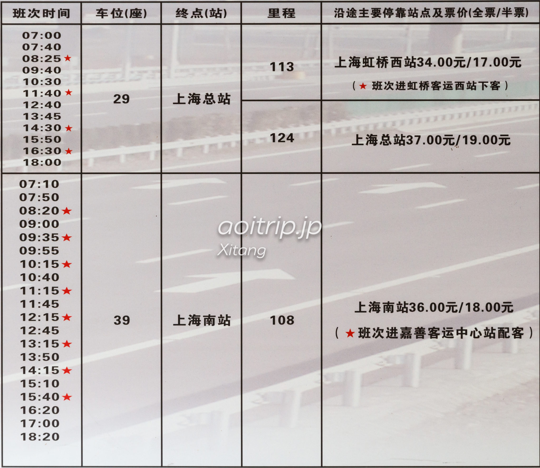 西塘から上海駅・上海南駅行きのバス時刻表