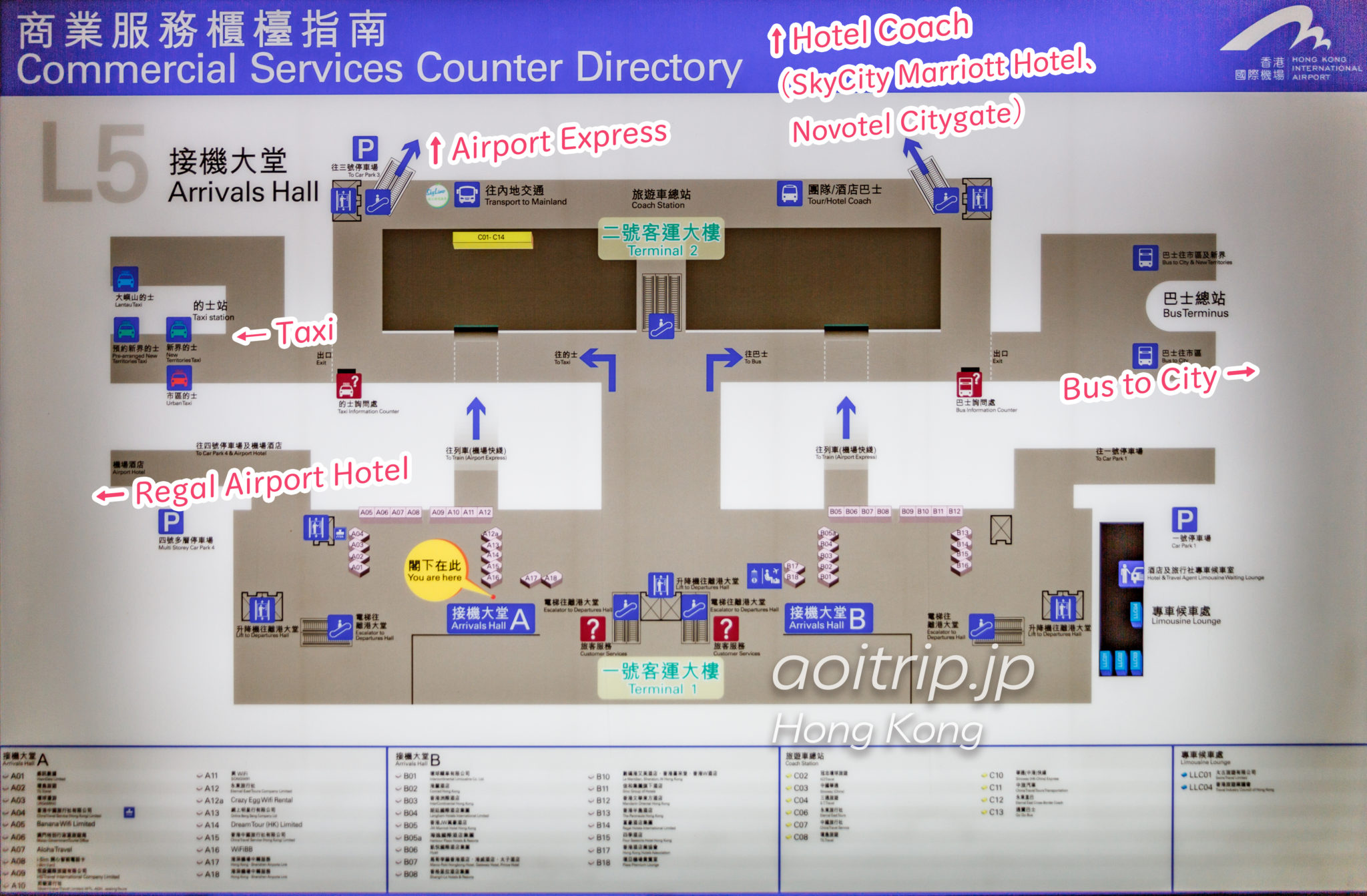香港国際空港ターミナル1到着フロアのマップ