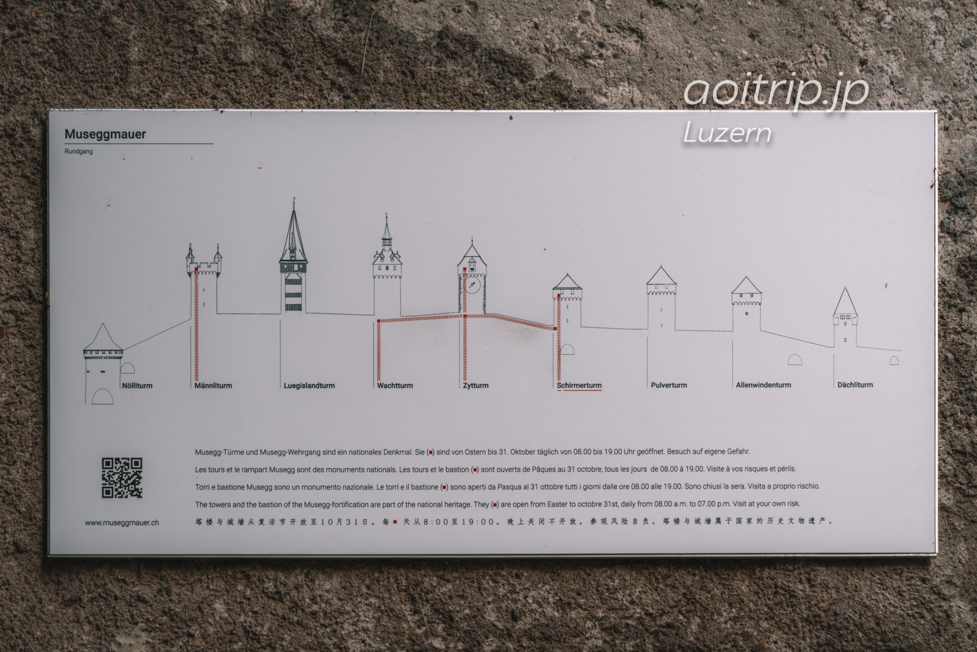 ルツェルンのムーゼック城壁　9つの塔の案内図
