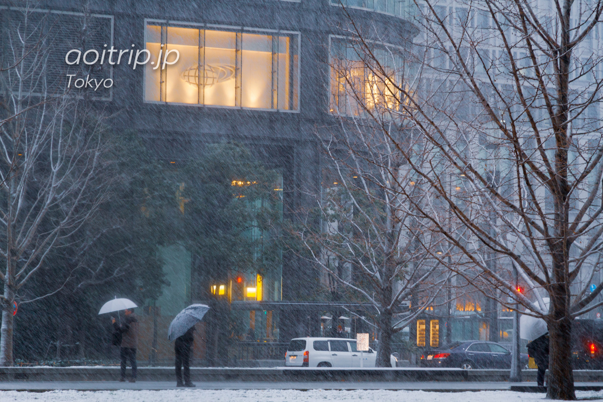 雪の降る東京駅の写真