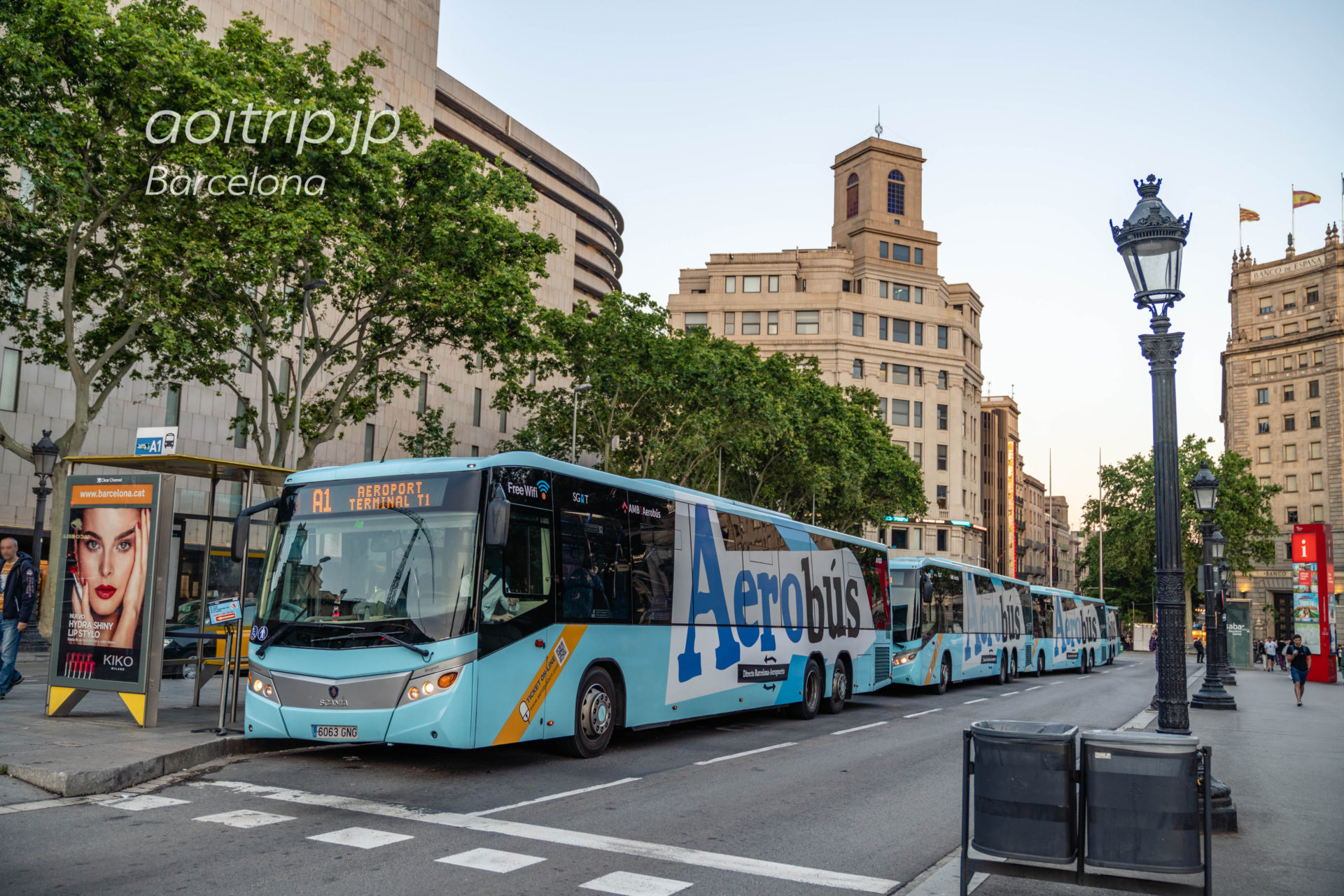 バルセロナ空港のエアポートバス　カタルーニャ広場前のバス停留所